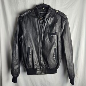 Black Leather Bomber Jacket Mens 46 Cool Dad Classic Retro Indie Hipster Grandpa